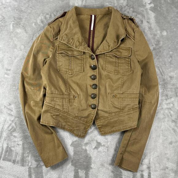 Free People Jackets & Blazers - Free People Shrunken Officer Military Style Beige Embellished Jacket Size XS